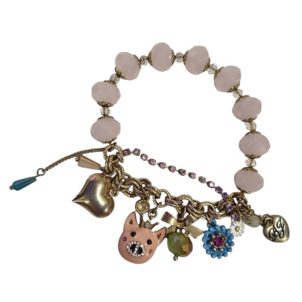 Betsey Johnson Pink Beads Piggy Elastic Beaded Bracelet Rare B11889-B01